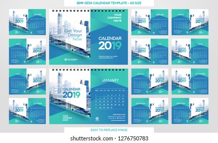 Desk Calendar 2019 template - 12 months included - A5 Size 