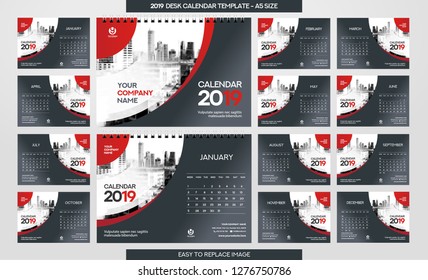 Desk Calendar 2019 template - 12 months included - A5 Size 