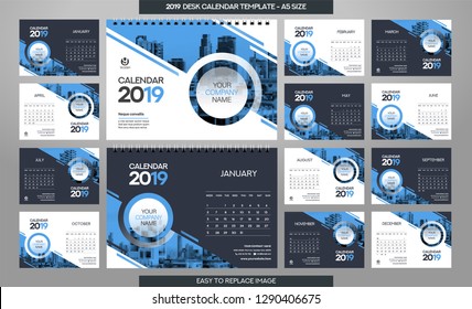 Desk Calendar 2019 template - 12 months included - A5 Size 