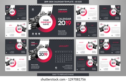 Desk Calendar 2019 template - 12 months included - A5 Size 