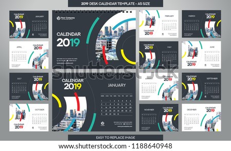 Desk Calendar 2019 template - 12 months included - A5 Size 