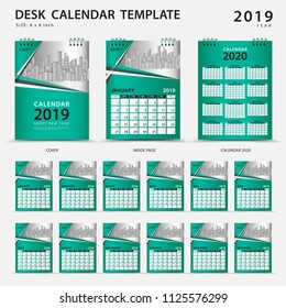 Desk calendar 2019 template. Set of 12 Months. Planner. Week starts on Sunday. Stationery design. advertisement. Vector layout. Green cover. business brochure flyer. 