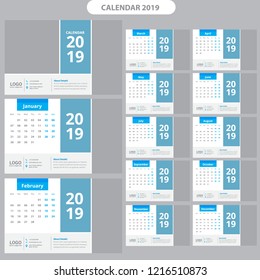 Desk Calendar 2019 template week start on Monday.