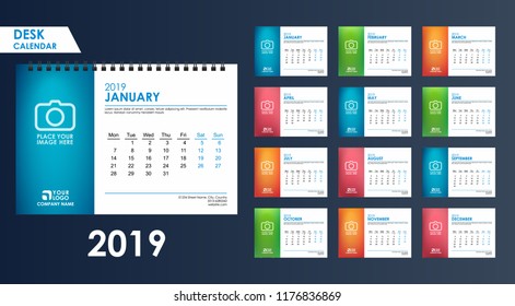 Desk Calendar 2019 vector. Week starts on Monday