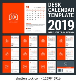 Desk calendar for 2019 year. Design template with place for photo. Week starts on Monday. Set of 12 pages and cover. Vector illustration