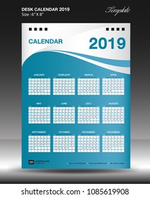 Desk calendar 2019 year Size 6x8 inch vertical, Week start Sunday, business flyer, Blue background, vector illustration