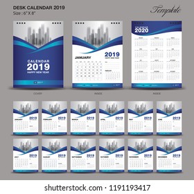 Desk Calendar 2019 year size 6 x 8 inch template, blue calendar 2019 template, Set of 12 Months, Week Starts Monday, wall calendar, flyer design, cover template vector, advertisement creative