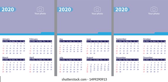 Desk calendar 2020, Design Template, Week starts on Monday, spiral binding, Vector Illustration.