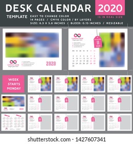 Desk calendar 2020. Desktop calendar template. Week starts on Monday. Vector Illustration. for company. spiral calendar. Rose calendar