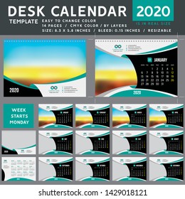 Desk calendar 2020. Desktop calendar template. Week starts on Monday. Vector Illustration. suitable for company. spiral calendar. Teal Calendar