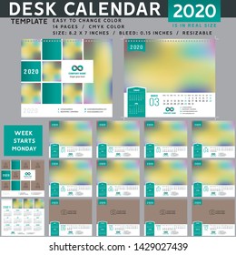 Desk calendar 2020, desktop calendar template, red calendar, Week starts on Monday, Vector Illustration, suitable for company, spiral calendar. Teal
