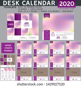 Desk calendar 2020, desktop calendar template, red calendar, Week starts on Monday, Vector Illustration, suitable for company, spiral calendar. Purple