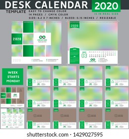 Desk calendar 2020, desktop calendar template, red calendar, Week starts on Monday, Vector Illustration, suitable for company, spiral calendar. Green