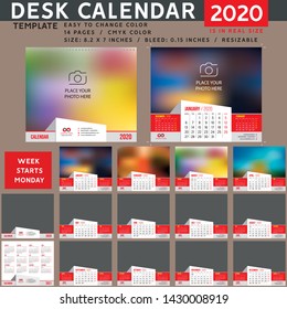 Desk calendar 2020. Desktop calendar template. Week starts on Monday. suitable for company. spiral calendar. red calendar