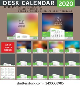 Desk calendar 2020. Desktop calendar template. Week starts on Monday. suitable for company. spiral calendar. green calendar