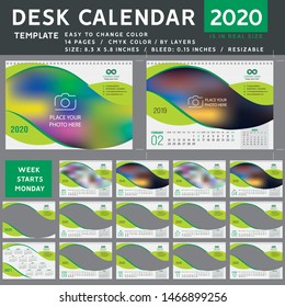Desk calendar 2020, desktop calendar template, green calendar, Week starts on Monday, Vector Illustration, spiral calendar. green