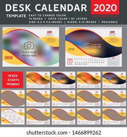 Desk calendar 2020, desktop calendar template, green calendar, Week starts on Monday, Vector Illustration, spiral calendar. red
