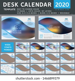 Desk calendar 2020, desktop calendar template, green calendar, Week starts on Monday, Vector Illustration, spiral calendar. Blue light