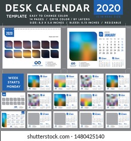 Desk calendar 2020, desktop calendar template, blue calendar, week starts on Monday, Vector Illustration, suitable for company spiral calendar