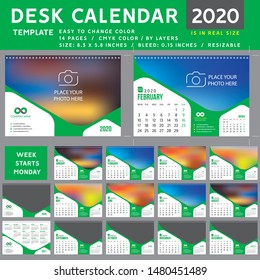 Desk calendar 2020, desktop calendar template, green calendar, Week starts on Monday, Vector Illustration, suitable for company, spiral calendar