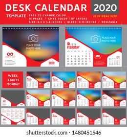 Desk calendar 2020, desktop calendar template, red calendar, Week starts on Monday, Vector Illustration, suitable for company, spiral calendar