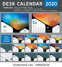 Desk calendar 2020, desktop calendar template, blue calendar, Week starts on Monday, Vector Illustration, suitable for company, spiral calendar, 2020