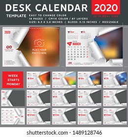 Desk calendar 2020, desktop calendar template, red calendar, Week starts on Monday, Vector Illustration, torn, spiral calendar, 2020