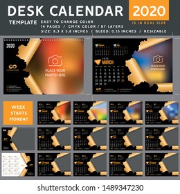 Desk calendar 2020, desktop calendar template, orange calendar, Week starts on Monday, Vector Illustration, torn, spiral calendar, 2020