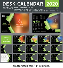 Desk calendar 2020, desktop calendar template, green light calendar, Week starts on Monday, Vector Illustration, torn, spiral calendar, 2020