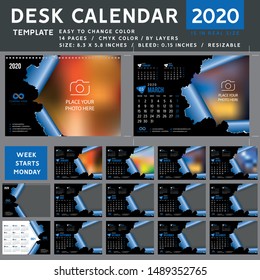 Desk calendar 2020, desktop calendar template, blue calendar, Week starts on Monday, Vector Illustration, torn, spiral calendar, 2020