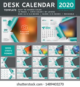 Desk calendar 2020, desktop calendar template, teal calendar, Week starts on Monday, Vector Illustration, torn, spiral calendar, 2020