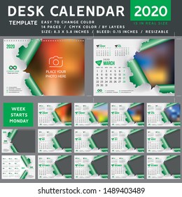 Desk calendar 2020, desktop calendar template, green calendar, Week starts on Monday, Vector Illustration, torn, spiral calendar, 2020
