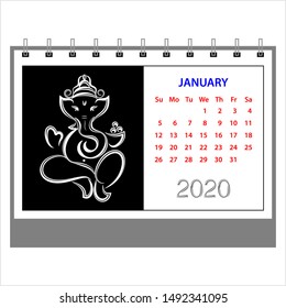 Desk Calendar 2020 January Ganesha (The Lord Of Wisdom), Table Daily Calendar Template Vector Art Illustration