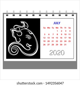 Desk Calendar 2020 July Ganesha (The Lord Of Wisdom), Table Daily Calendar Template Vector Art Illustration