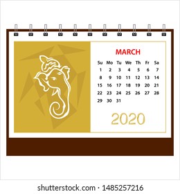 Desk Calendar 2020 March Ganesha (The Lord Of Wisdom), Table Daily Calendar Template Vector Art Illustration