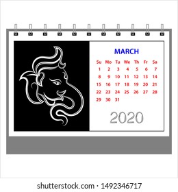 Desk Calendar 2020 March Ganesha (The Lord Of Wisdom), Table Daily Calendar Template Vector Art Illustration