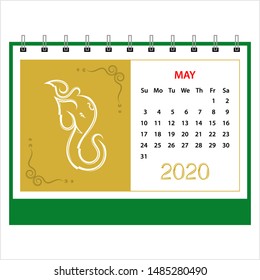 Desk Calendar 2020 May Ganesha (The Lord Of Wisdom), Table Daily Calendar Template Vector Art Illustration