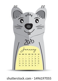 Desk Calendar 2020 on rat cartoon character Frame, January 2020 lettering, poster, flyer, mouse animal chinese zodiac sign, Calendar die cut template