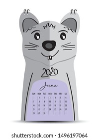 Desk Calendar 2020 on rat cartoon character Frame, June 2020 lettering, poster, flyer, mouse animal chinese zodiac sign, Calendar die cut template