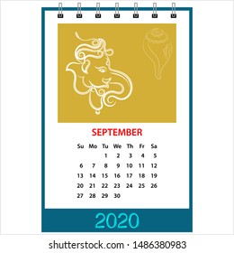 Desk Calendar 2020 September Ganesha (The Lord Of Wisdom), Table Daily Calendar Template Vector Art Illustration