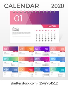 Desk Calendar 2020. Simple Colorful Gradient minimal elegant desk calendar template in white background