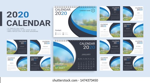 Desk Calendar 2020 template, 12 months and 13 template with cover included in A5 but easily to changeable to any layout or size and simply replace with your image background.