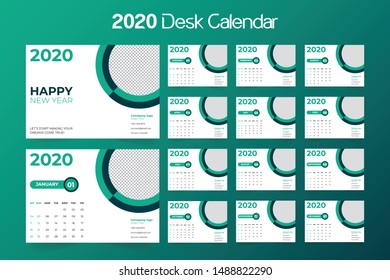 Desk Calendar 2020 template - 12 months included - Size 8.3 x 5.8 in - Color green