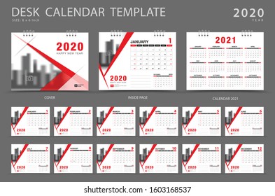 Desk calendar 2020 template. Calendar 2021 layout, Set of 12 Months, Planner, Week starts on Sunday, Stationery design, advertisement, Modern Red cover design, business brochure flyer, Vector eps10