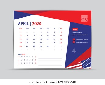 Desk calendar 2020 template, April Page vector for calendar 2020 template, Week starts on Monday, Can be use Place for Photo and Company Logo. American flag background concept.