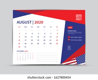 Desk calendar 2020 template, August Page vector for calendar 2020 template, Week starts on Monday, Can be use Place for Photo and Company Logo. American flag background concept.