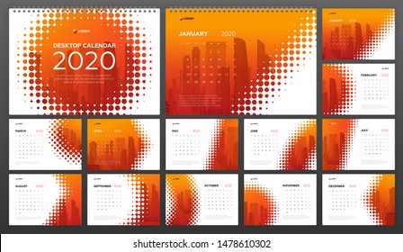 Desk Calendar 2020 template for  business. Week starts on Monday. Set of 12 calendar pages designs print layout. Wall calendar planner templates.