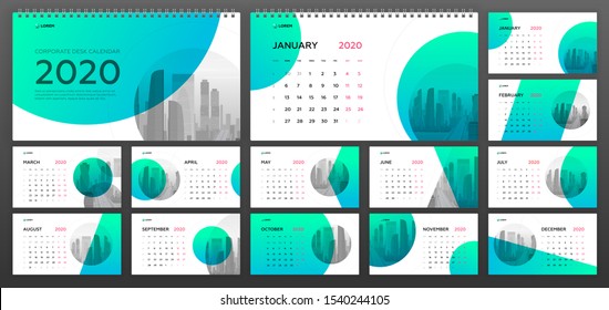 Desk Calendar 2020 template for  business and construction. Week starts on Monday. Set of 12 calendar pages designs print layout. Wall calendar planner templates.