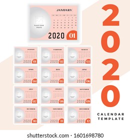 Desk Calendar 2020 Template, Editable 2020 Desk Calendar with Orange color. Modern and Creative New year Calendar