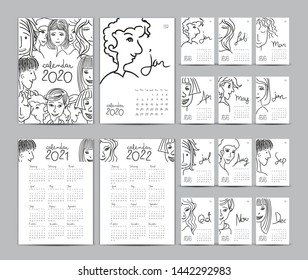 Desk calendar 2020 template set, Calendar 2021-2022, Lettering calendar, hand-drawn cartoon hipster people vector illustration Can be used for postcard, gift card, banner, poster and printable